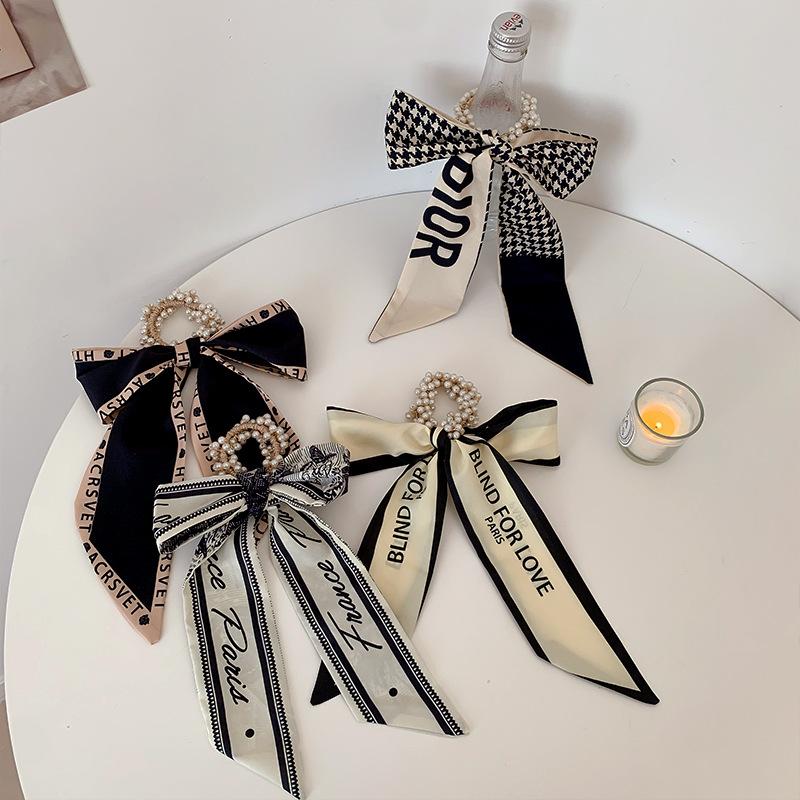 Nastro per capelli con stampa in seta vintage perlata francese per donna Fasce elastiche per capelli alla moda Accessori per capelli Scrunchie