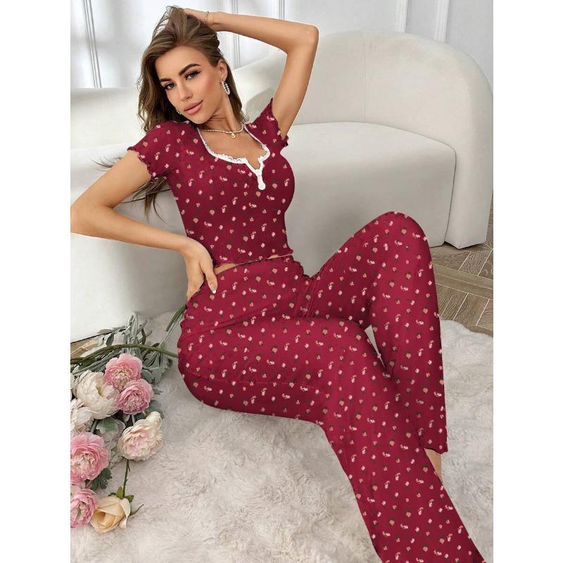 VEZFAA Women's Fashion Casual Summer Spring Flower Pattern Print Short Sleeve V-Neck Trousers Pants Suits