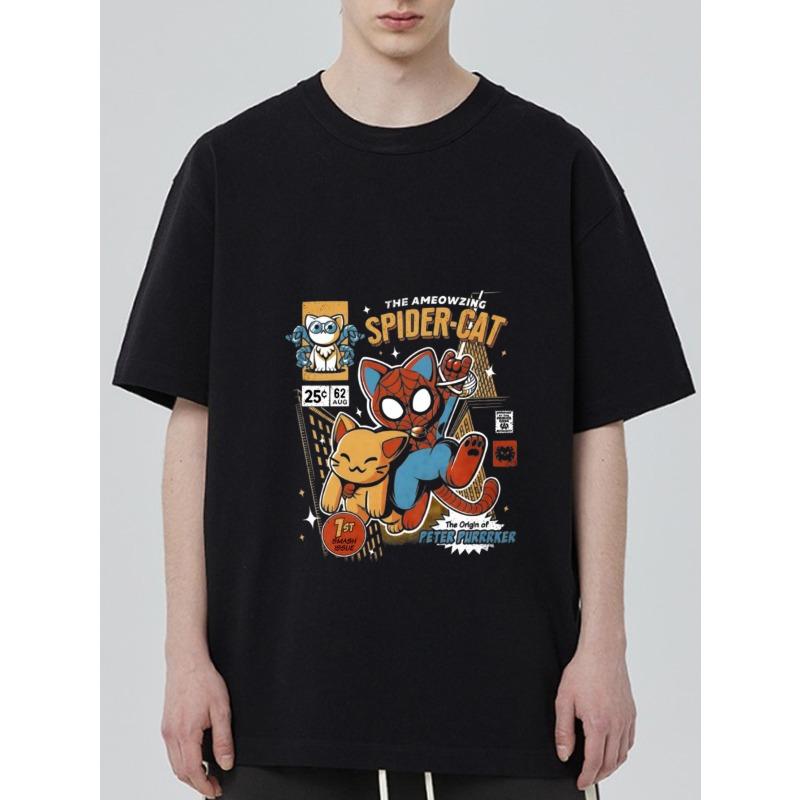 

Spider Cat T Shirt Black Comic Style Spider Man and Cat Print for Casual Wear XXXXL чорний