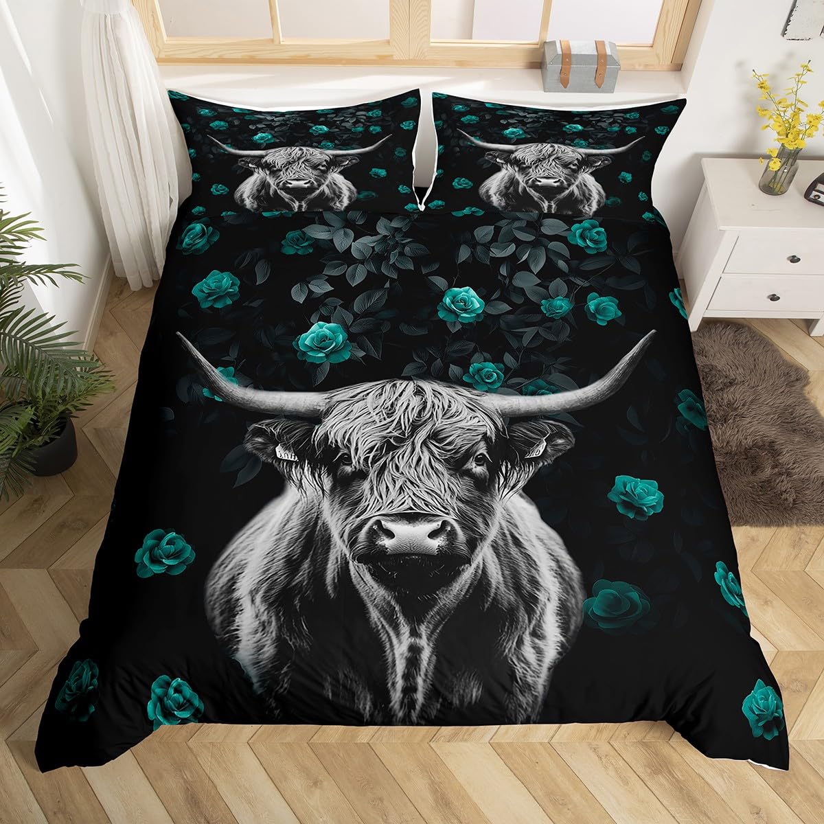 

Comforter Highland Cow King Queen Western Farm Animal Comforter Microfiber Bull Cattle Floral Bedding Set For Kids Teen Comforter (quilt)-EU Single(135*200cm)3pcs