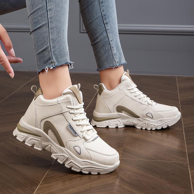 Four Season Model with Thick Bottom and Increased Height Women's Shoes Sports Casual Shoes Large Size Microfiber Leather Waterproof Sports Shoes