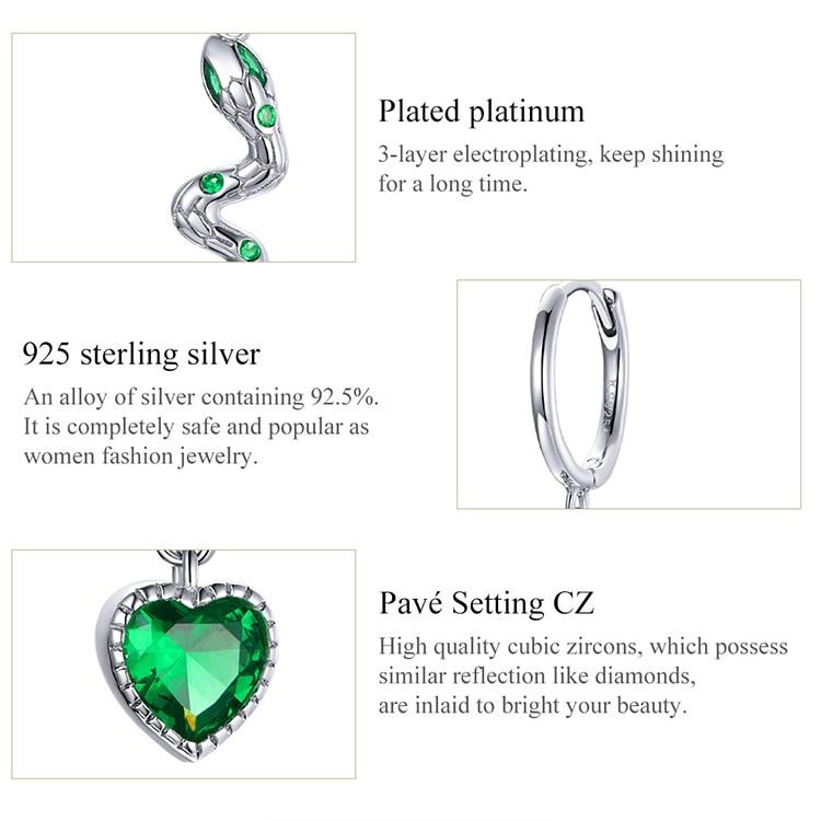 Bamoer Náušnice Love Of Snake Skutečné 925 Sterling Silver Zelená CZ kruhové náušnice pro ženy Svatební jemné šperky