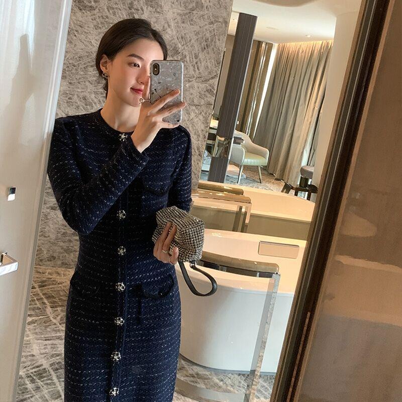 

Chic design sense, high sense temperament, knitted primer dress, women s autumn and winter coat S темно-синий