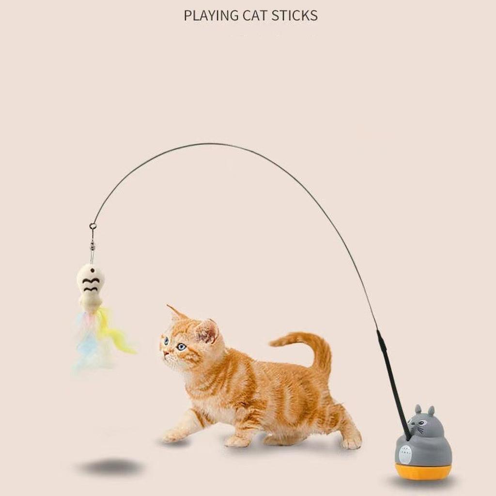 360° Rotatable Interactive Toy, Automatic Wand Toy with Peel-and-Stick Base, Moving Feather, Fish and Bell, Detachable Teaser