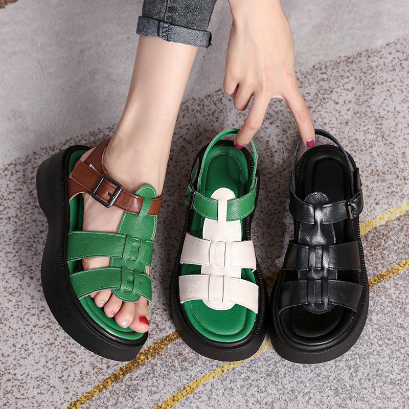 Fashion GKTINOO Summer Mixed Color Genuine Leather Sandals Roman Shoes Platform Wedges Woven Thick Soled Sandals Women Shoes Large Size