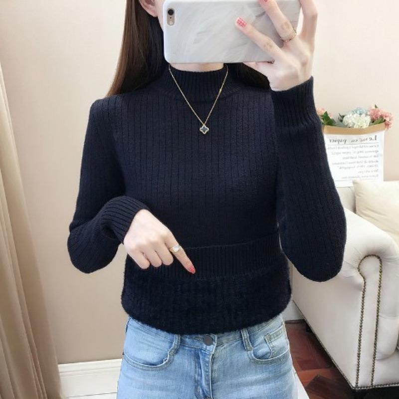 Women's Fleece-Lined Semi-High Neck Knit Sweater - Slim Fit, Solid Color, Perfect for Autumn/Winter.