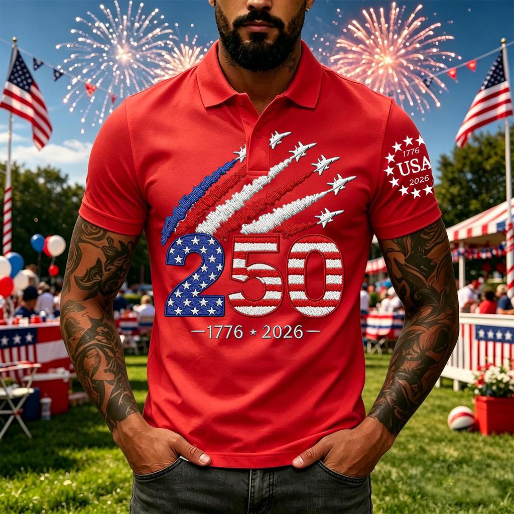 Men’s Short Sleeve Polo Shirt with Independence Day 250th Anniversary Printed Design Casual Fit Button Down Collar