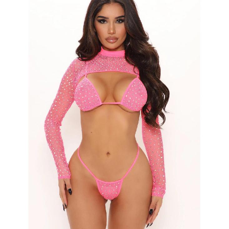 Plus Size Sexy Lingerie for Women Rhinestone Lace Binini Set with Long Sleeve Crop Tops Sheer Nightclub Stage Performance Outfit