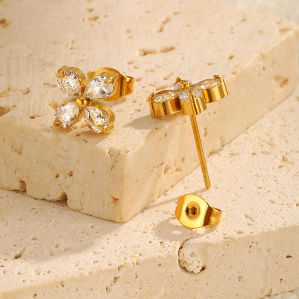 Fashion White Zircon Four-petal Flower Stud Earrings for Women,Gold Color Stainless Steel Waterproof Earrings,Chic Jewelry Gift