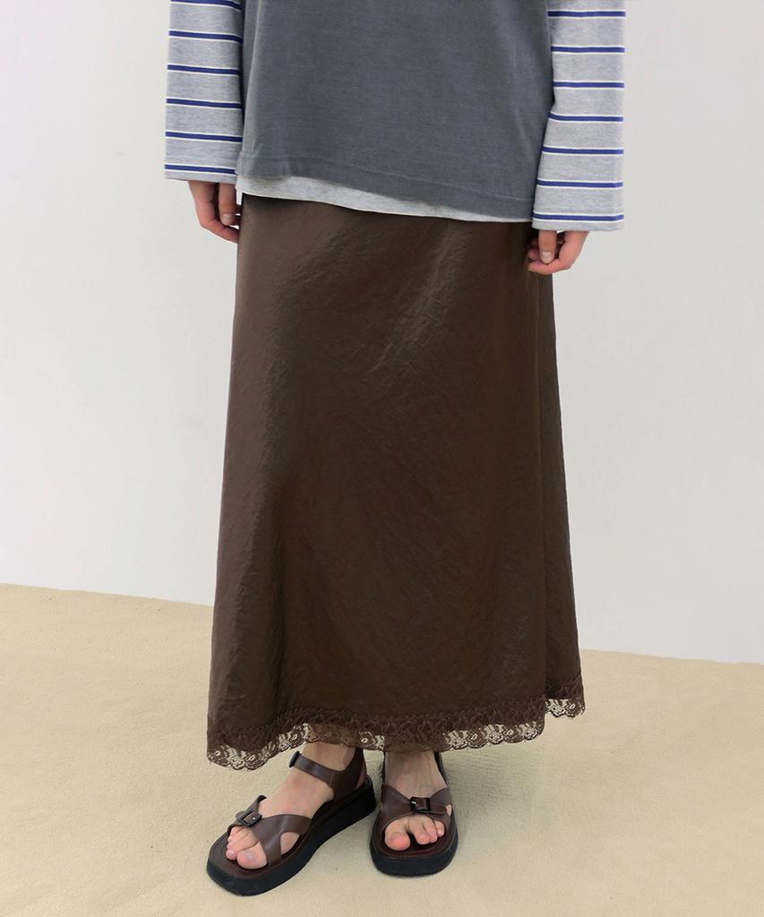 SINOON Satin Lace Long Skirt (Brown)