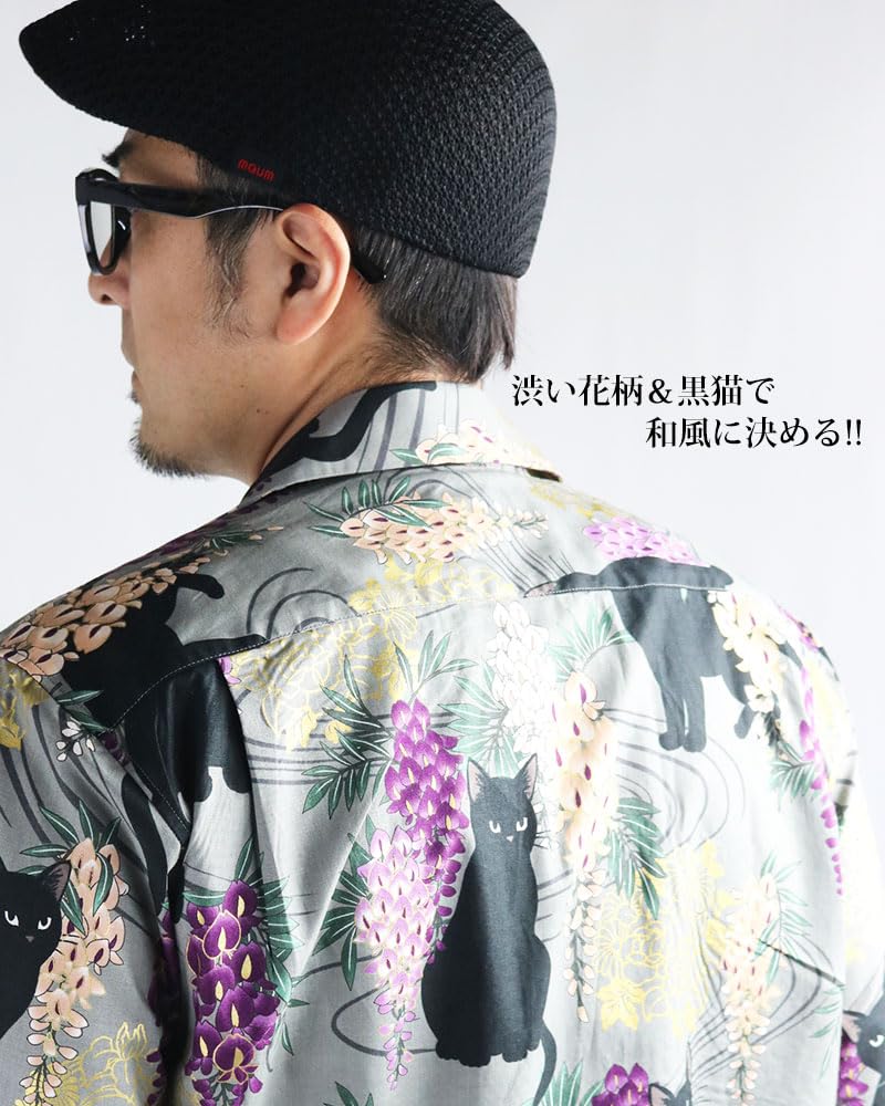 Quintet Aloha Black Cat Floral Animal Japanese Floral Short Men's Shirt, Print, Open-Collar Shirt, Pattern, Print, Sleeve, 11-70551 (L, Peony/Pink)