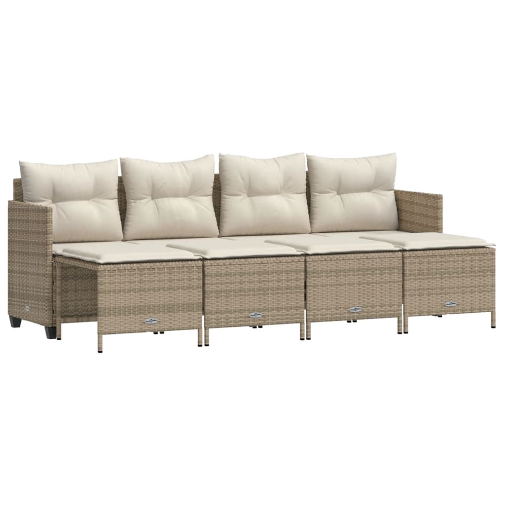 5 Piece Garden Sofa Set with Cushions Beige Poly Rattan