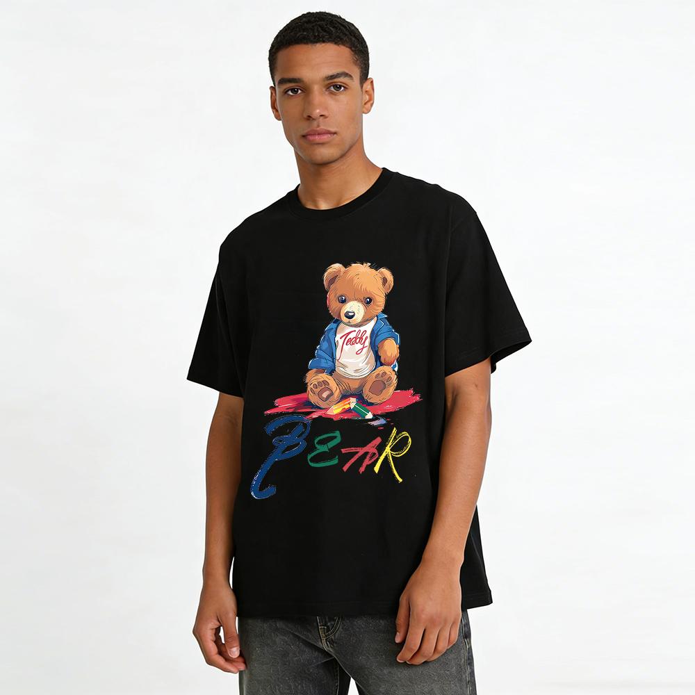 Cute Hand-painted Teddy Bear Print Casual T-shirt Unisex Loose Comfortable Daily Top Pure cotton T-shirt
