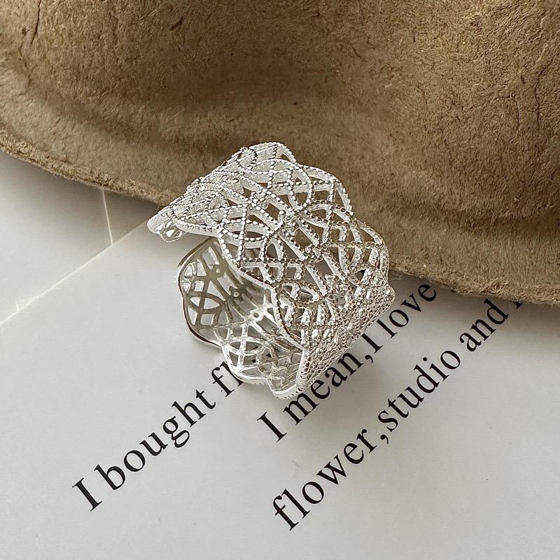 Xiaomi 925 Sterling Silver Rings For Women Geometric Fine Jewelry Finger Adjustable Wide Hollow Lace Ring For Party Birthday Gift