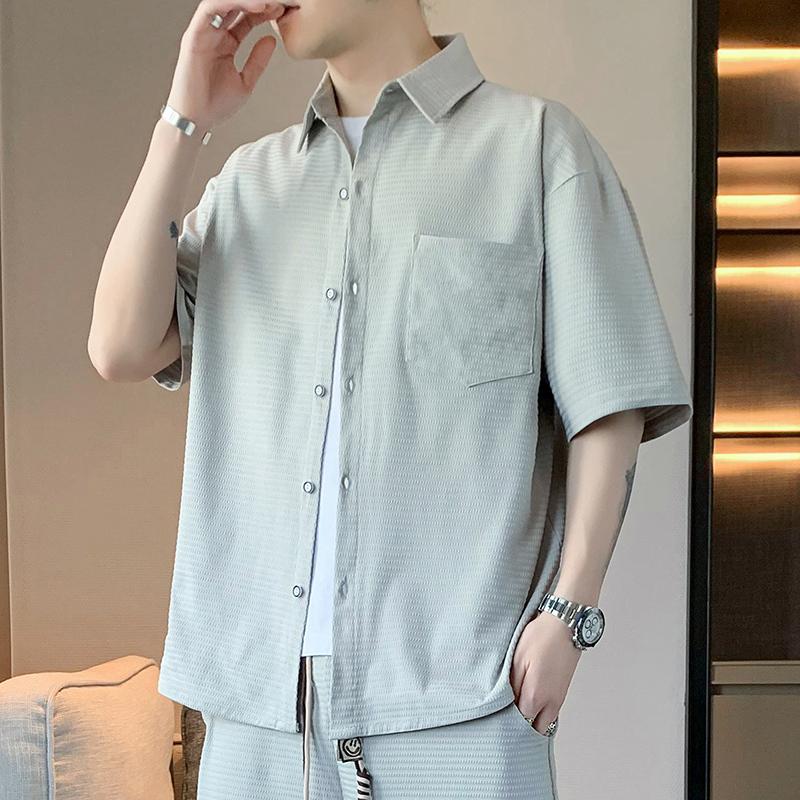 Camisa Masculina de Malha Waffle com Manga Curta e Botões - Casual de Caimento Solto com Bolso no Peito