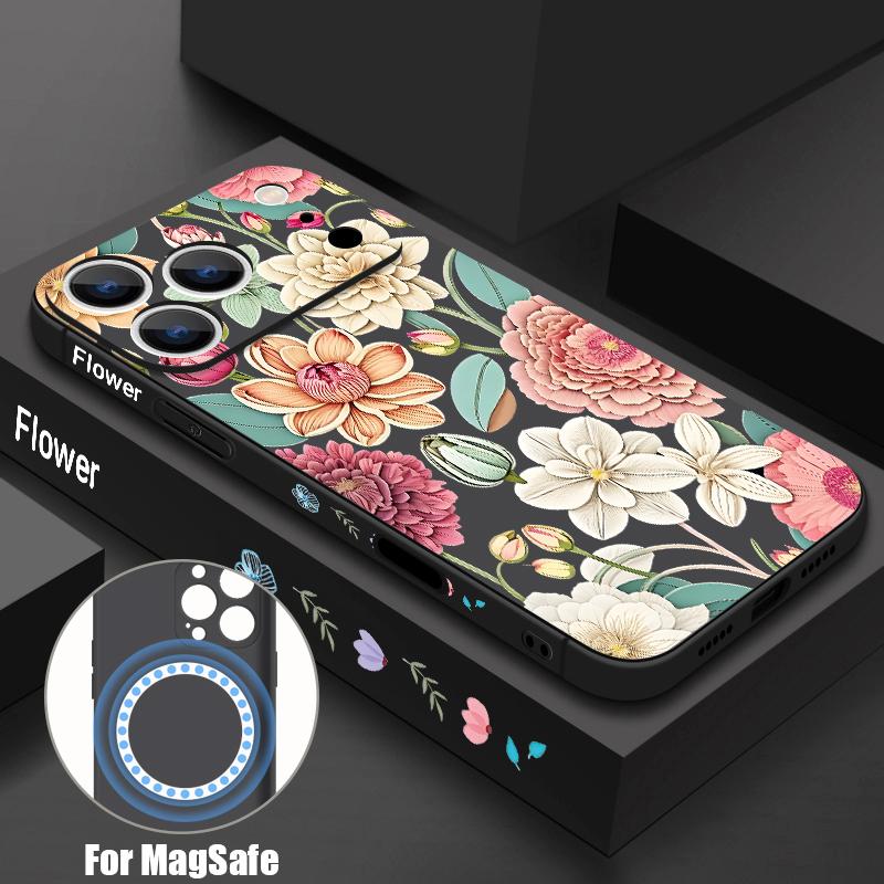 Vintage Flower Case For iPhone 17 Pro Max iPhone 16 15 14 13 Pro Max Magnetic For Magsafe Soft Silicone Phone Back Cover