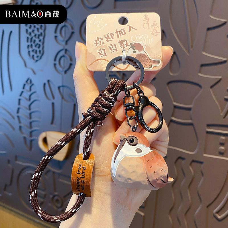 Original wood carving wind bird keychain pendant creative resin pearl bird couple keychain schoolbag pendant