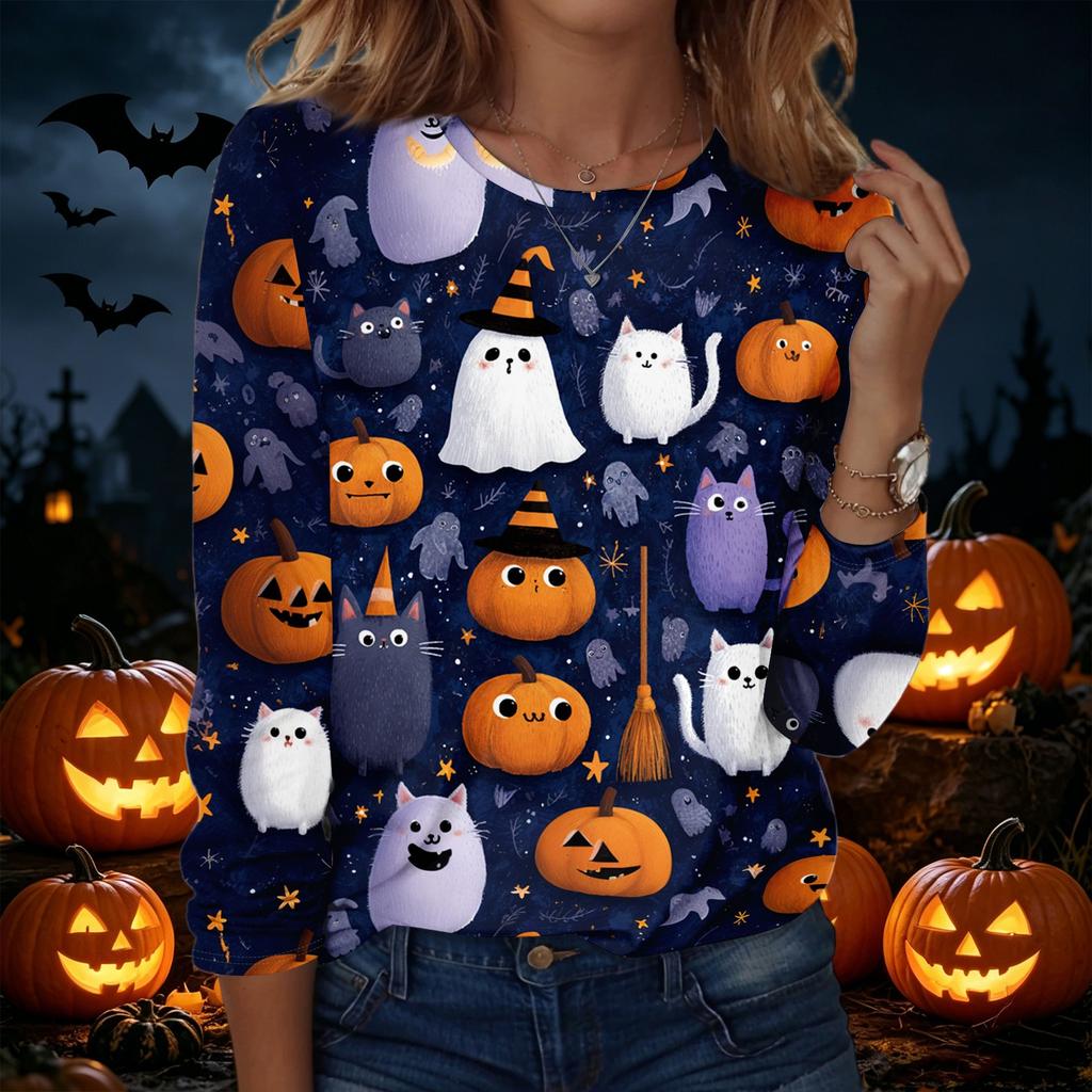 Womens Halloween Pullover Sweatshirt Long Sleeve Crewneck Top Casual Printed Blouse Lightweight Comfortable Fit