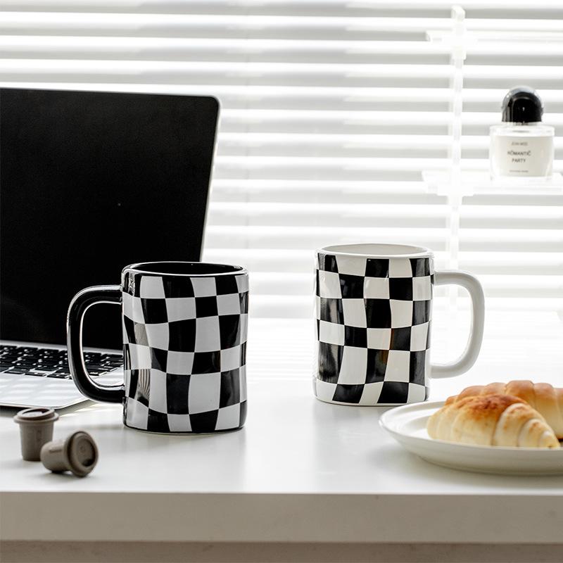 Checkerboard Irregular Mug Water Cup Couple High Value Ceramic Cup Ins Cup Gift