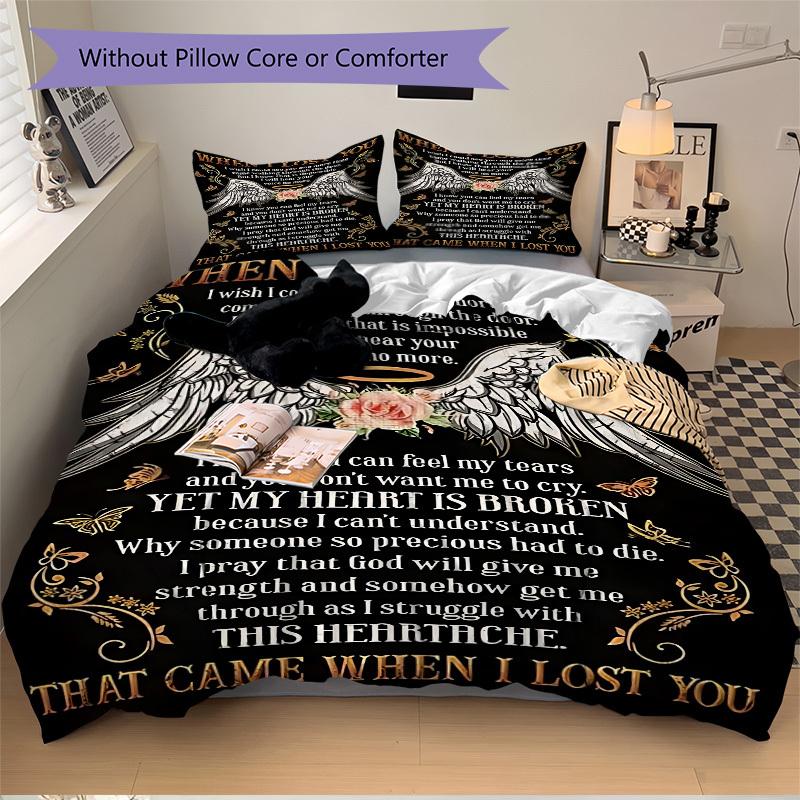 3pcs Angel Wings Memorial Poster Duvet Cover Set, Cover For Bedroom Guest Room (1 Duvet Cover + 2 Pillowcase, Without Quilt),  yy250922192