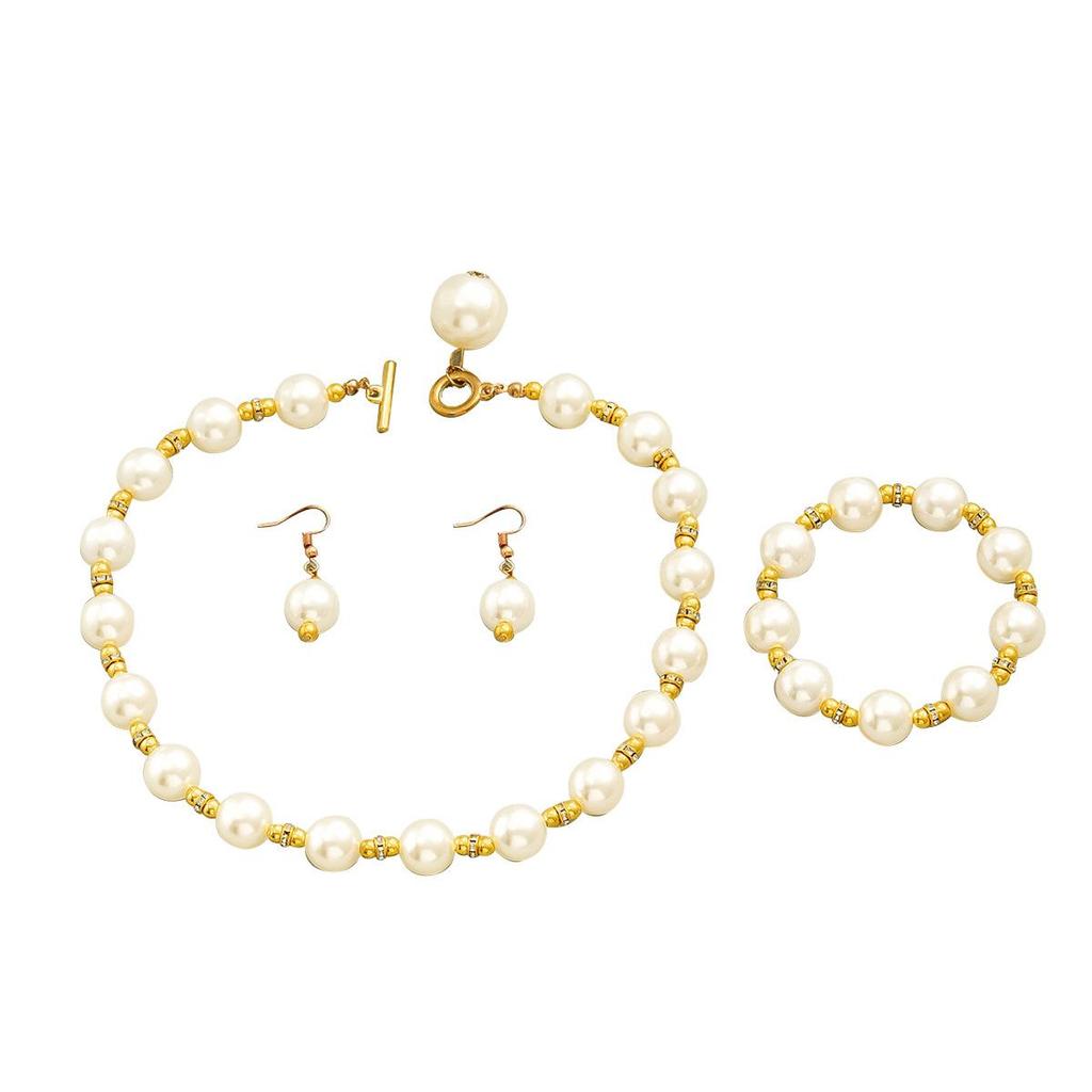 Vergoldetes Kupfer Perlen Schmuckset für Damen, Halskette Armband Ohrringe 3-teiliges Perlen-Set