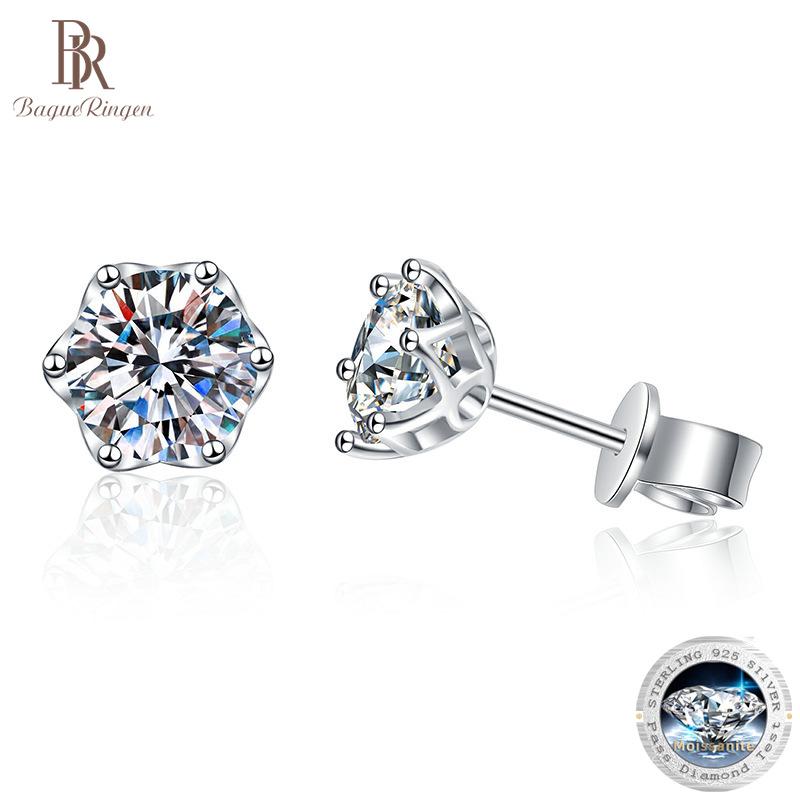  Bague Ringen S925 Sterling Silver Set With 0.5ct/1ct/2ct Moissanite  Earrings Six Claw Rose Petals Single Diamond Earrings Female