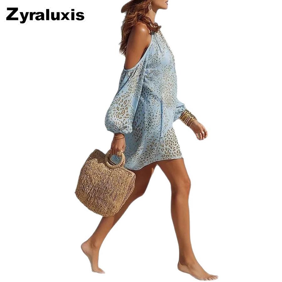 Nuovo Abito Corto da Spiaggia Estivo alla Moda da Donna con Spalle Scoperte e Stampa Leopardo
