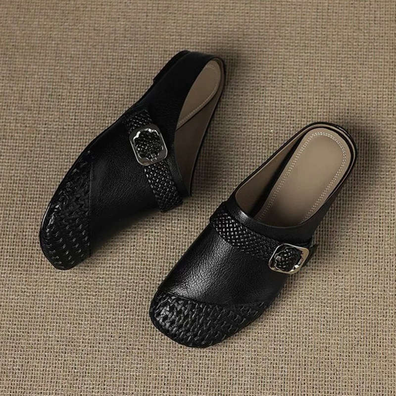 Soft leather version~ woven hollow bag head half slippers women wear Muller shoes outside in summer, lazy cool slippers women