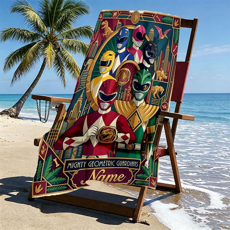 Custom Name Personalized Power Rangers Print Beach Towel, for Trip Camping Beach Party Home Decor, Birthday Gift for Family & Friends