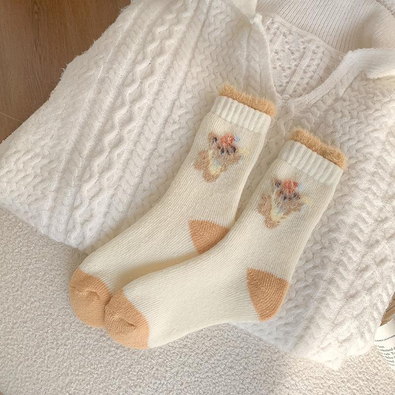 Super Thick Wool Socks, Double Flared Women's Autumn and Winter Thickened Mid-calf Socks, Warm Long Socks, Cartoon Long Calf
