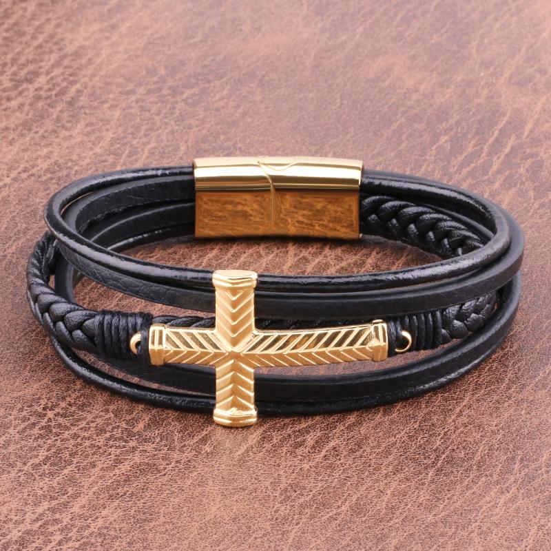 Faith Luxury Men's Cross Design Leather Bracelet - Stainless Steel, Multi-layer Braided, Adjustable Sizes