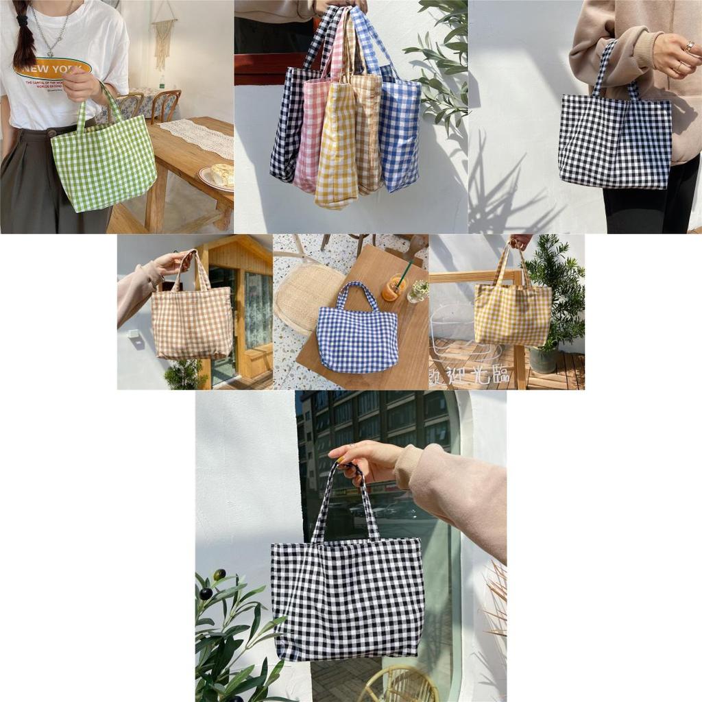 Charming Fresh Portable Bento Bag Japanese Style Plaid Handbag For Moms Students