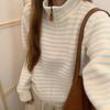 Early Spring Korean Zipper Design Stand-up Neck Knitted Sweater Cardigan Blue and White Striped Contrasting Knitted Sweater Jacket Women