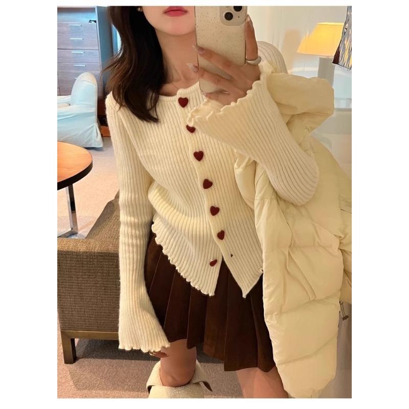 

Женский вязаный кардиган на пуговицах, легкий, осенне-зимний, новый, с круглым вырезом, рукавами-колокольчиками, застежкой-сердечком, базовый свитер-жакет One size