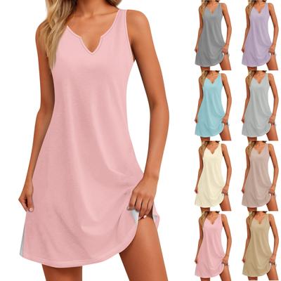 Women's Summer Top V-Neck Slit Solid Color Dress