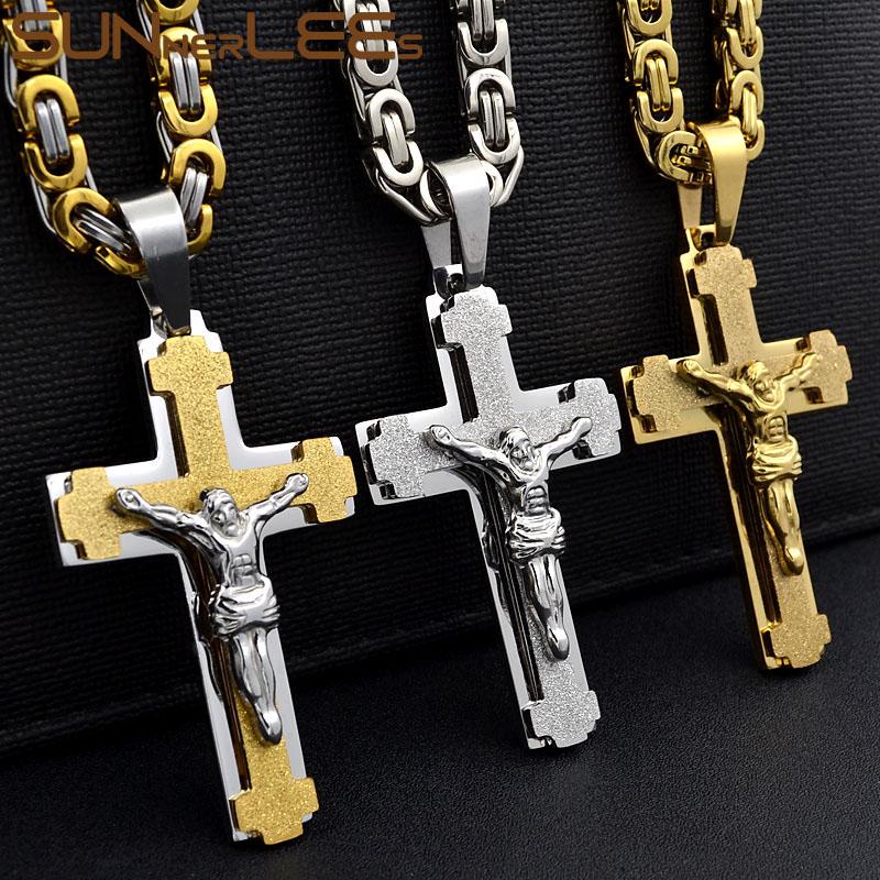 Collier pendentif croix Jésus Christ en acier inoxydable chaîne à maillons byzantin couleur argent plaqué or cadeau homme garçon Sp217