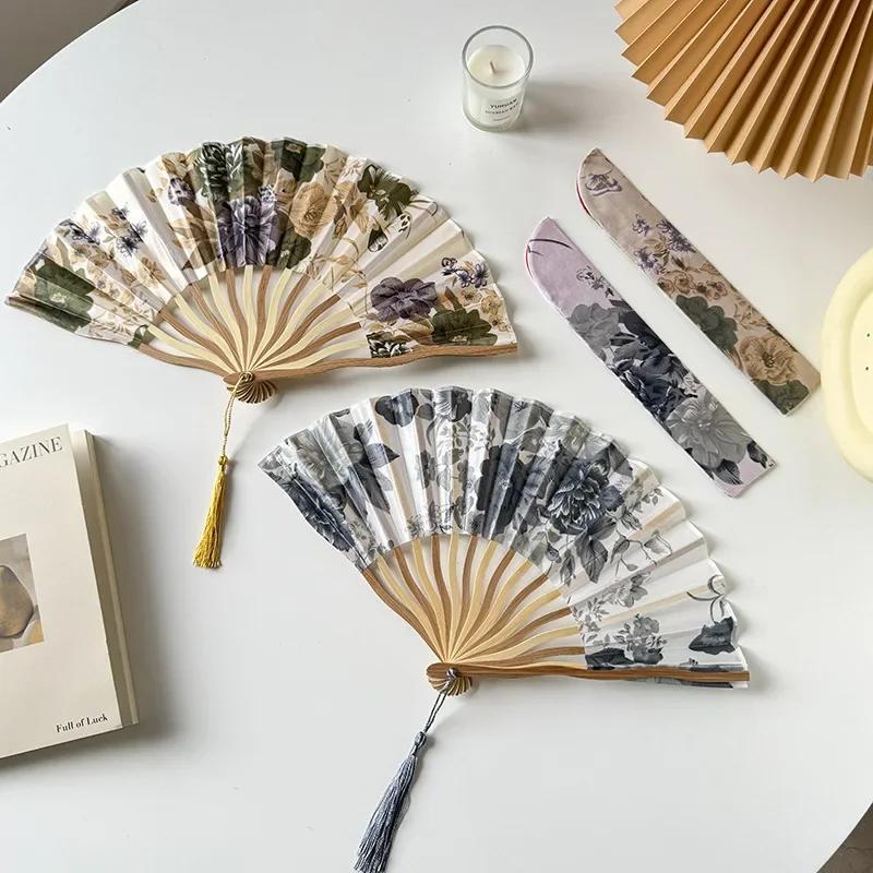 Chinese Retro Flower Ink Painting Style Pattern Women Silk-cloth Folding Fan Traditional Art Curved Bone Dance Fan with Tassel