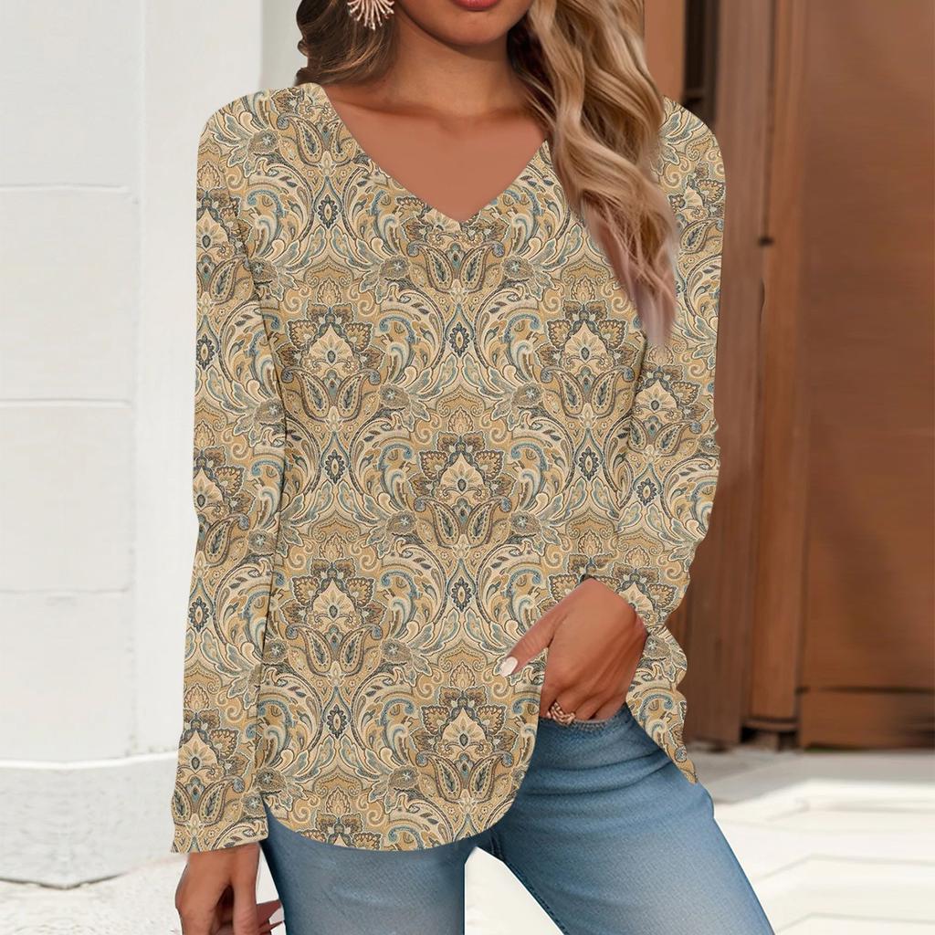 Mujer Camiseta Retro Estampado Manga Larga Diario Fin de semana Diario Básico Escote en Pico Regular Otoño Invierno Tops