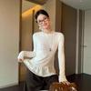 Song Zheng'en Women's Apricot Lace Trim Slim Fit Long Sleeve Ruffle T-shirt, Winter 2025