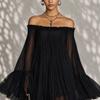 Xia's New Black One-word Shoulder Halter Pleated Lantern Sleeve Mini Fashion Dress