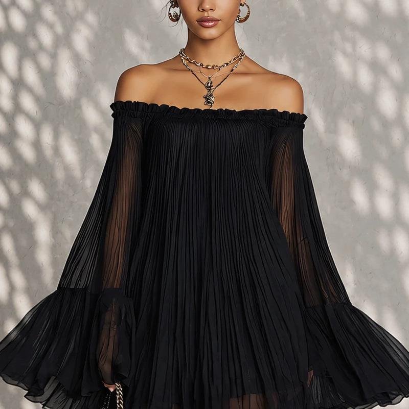 Xia's New Black One-word Shoulder Halter Pleated Lantern Sleeve Mini Fashion Dress