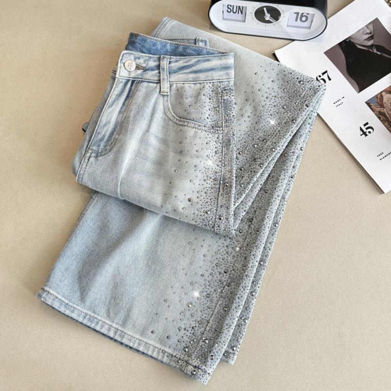 Li Wanjun Korean Style High-Waist Straight Leg Slimming Denim with Large Particle Rhinestones