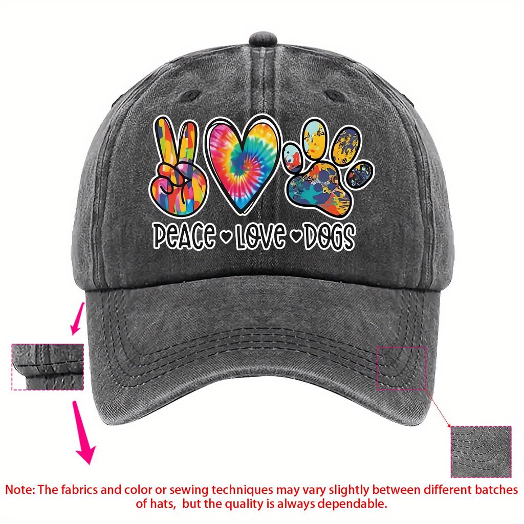 Peace Love Dogs Tie Dye Print Baseball Cap Unisex Adjustable Cotton Casual Dog Lovers Hat