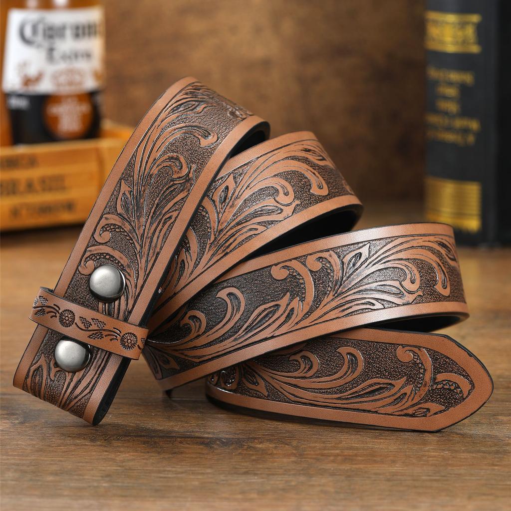 Punk Style Retro Embossed Belt Body Button Belt Men'S Western Denim Belt Various Styles Plate Buckle