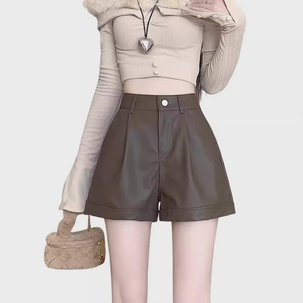 Dámské šortky z PU kůže s vysokým pasem - Slim, volný střih, široké nohavice, ležérní na jaro, podzim, zimu, americký styl.