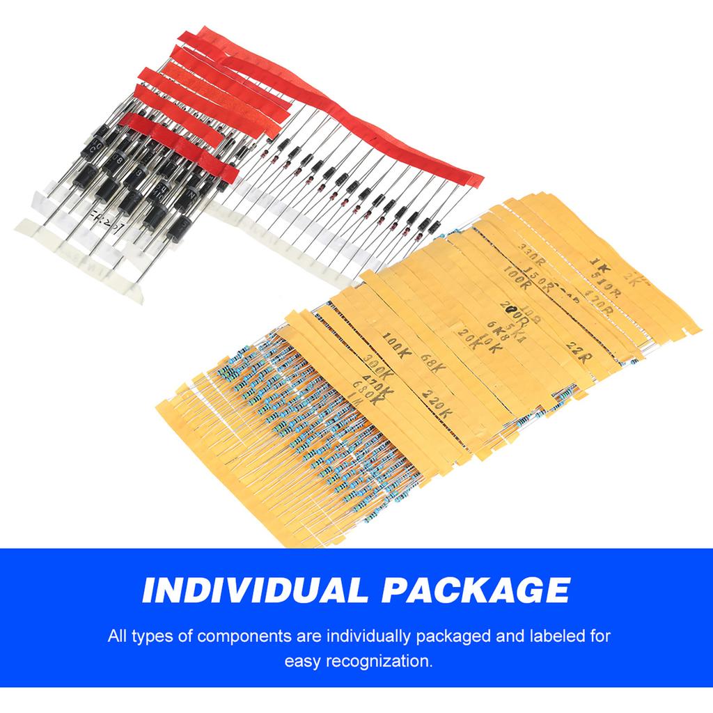 1400 Stück Elektronikbauteile Sortiment-Kit Sortiertes Elektrisches Element Starter-Kit mit 1 4W Widerstand LED-Diode