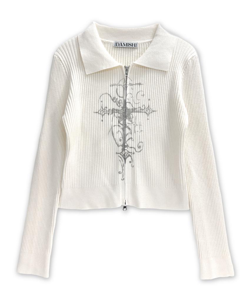 Damiswi Cross Print Ribbed Knit Zip-Up_Ivory
