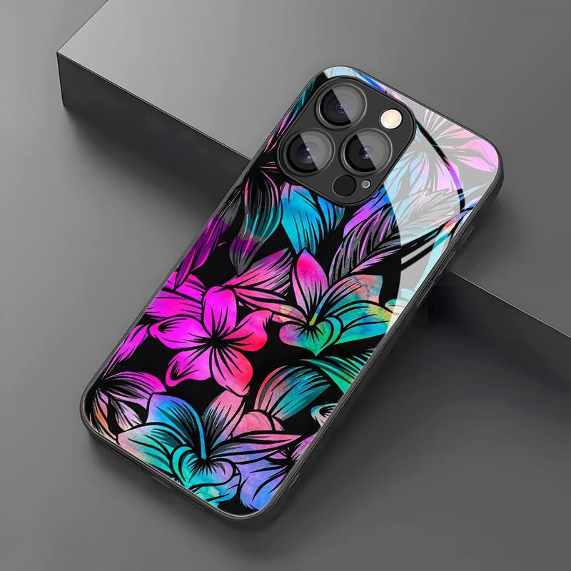 Colorful Hibiscus Leaves Pattern Tempered Glass Phone Case For iPhone 17 16 15 14 13 12 11 Pro Max 17 Air 7 8 Plus XR XS X Cover
