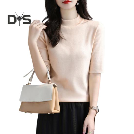 Women Sweater Half High Collar Half Sleeve Knitting Tops Solid Color Slim Fit Sweater Tops Commuting Street Wear
