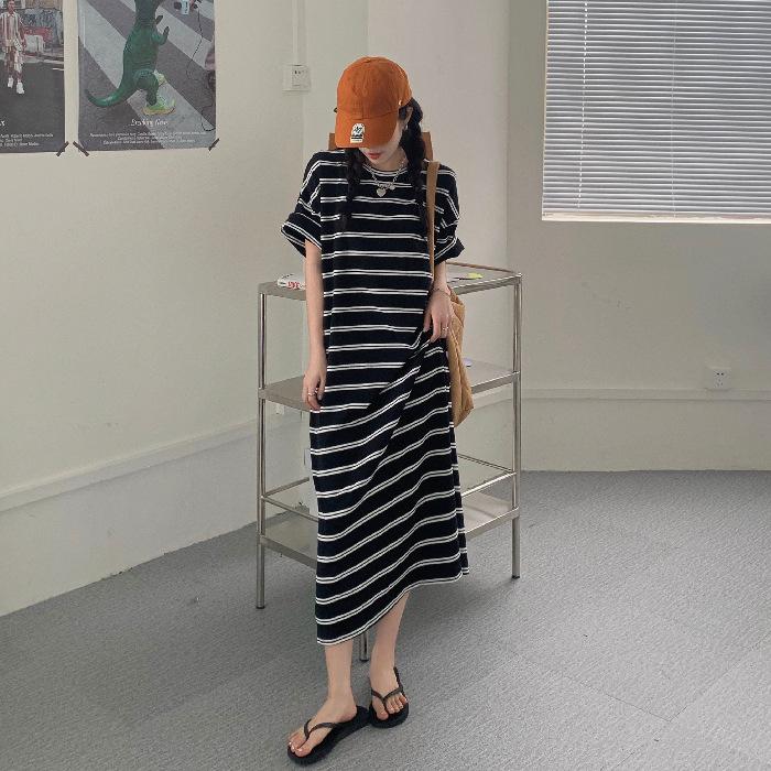 YYFS Women's Fashion Summer Spring Stripe Print 1/2 Sleeves O-Neck Loose Waistline Casual Dresses